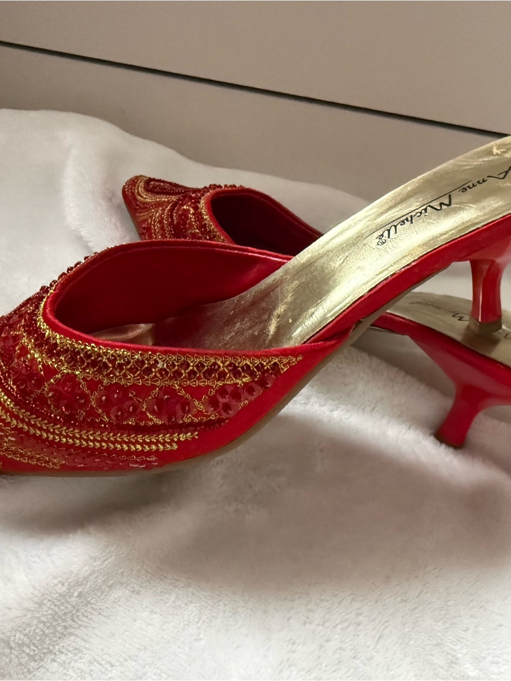 Anne Michelle Red and Gold Embellished Slip-On Mules